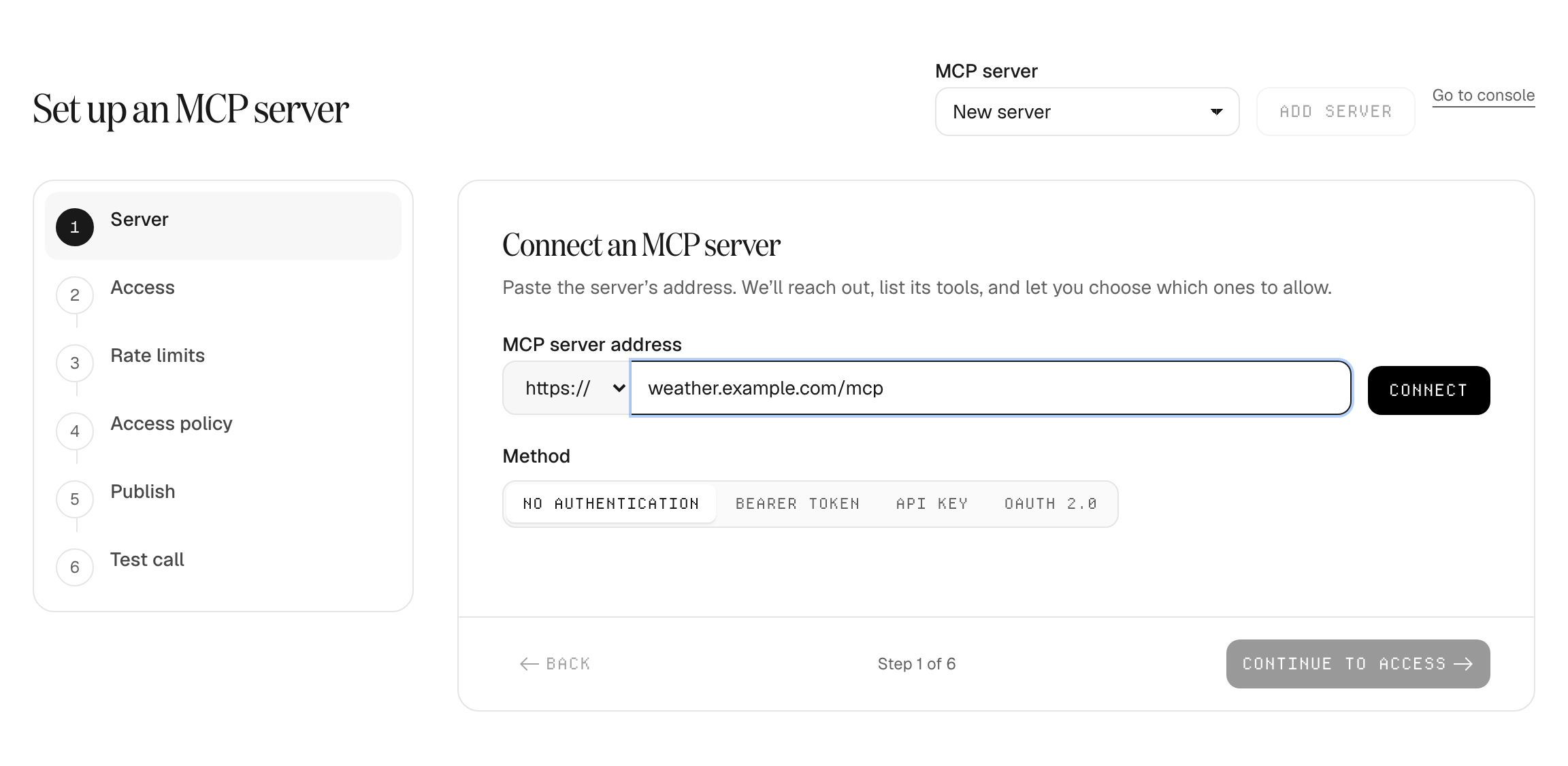 The Server step with a server address entered, the Connect button, and the authentication methods No authentication, Bearer token, API key and OAuth 2.0.