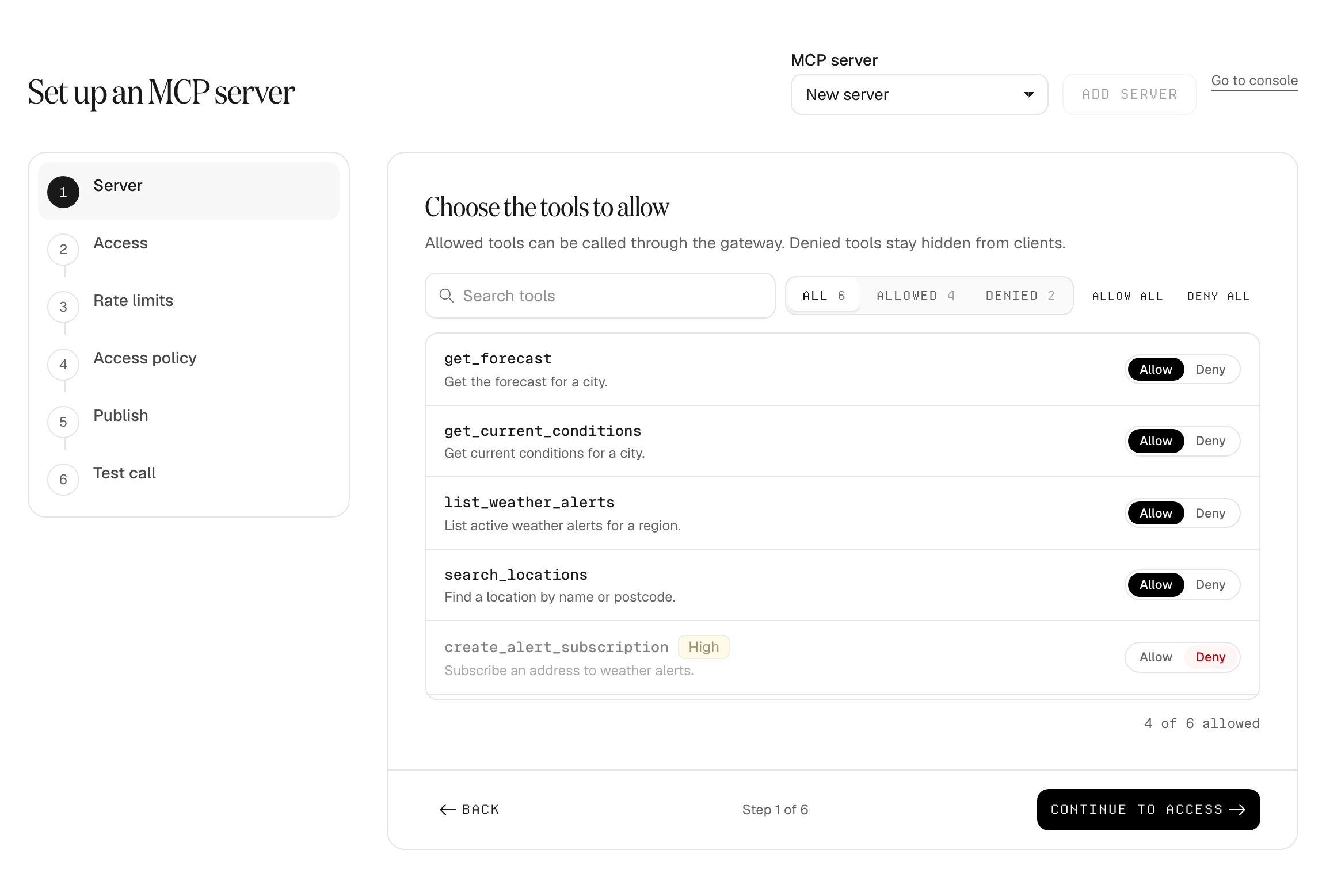 The tool list with search, All, Allowed and Denied filters, and an Allow or Deny control on each tool. A high-risk write tool is denied.
