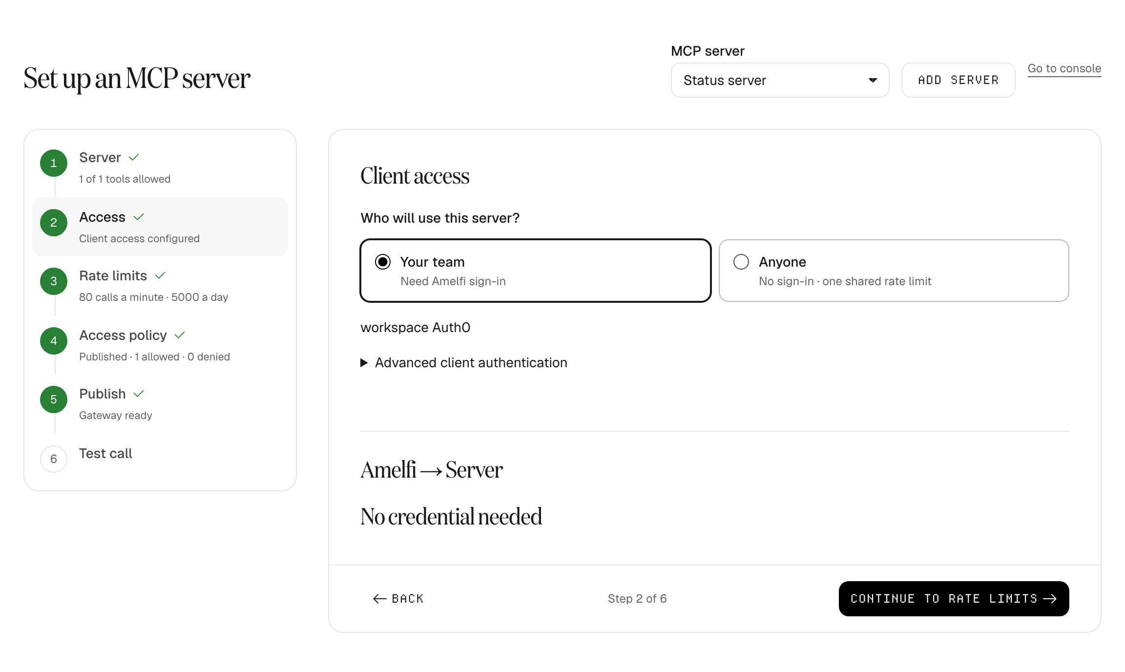 The Access step asking Who will use this server, with Your team selected and Anyone as the other option.