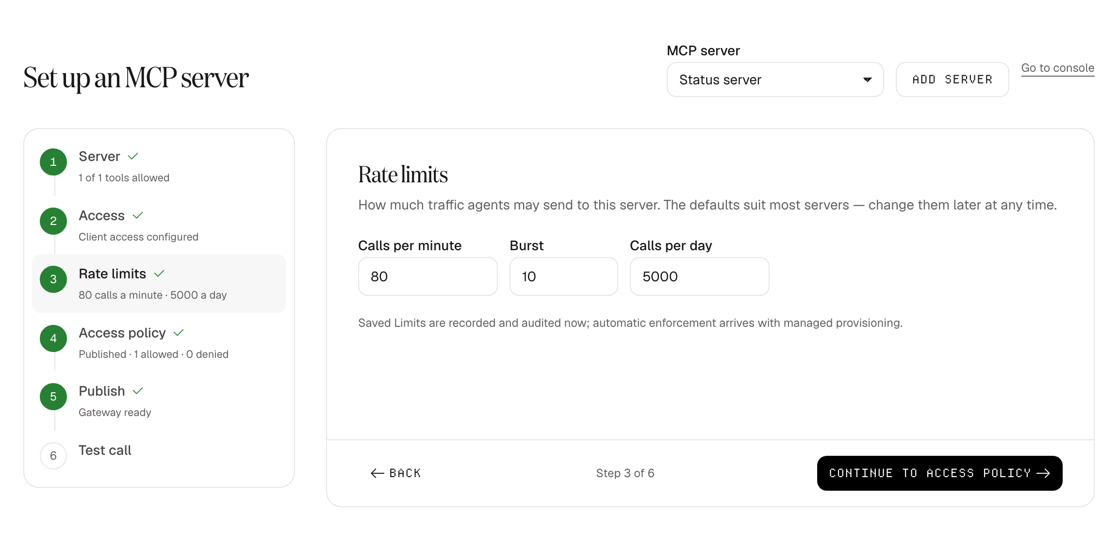 The Rate limits step with fields for calls per minute, burst and calls per day.