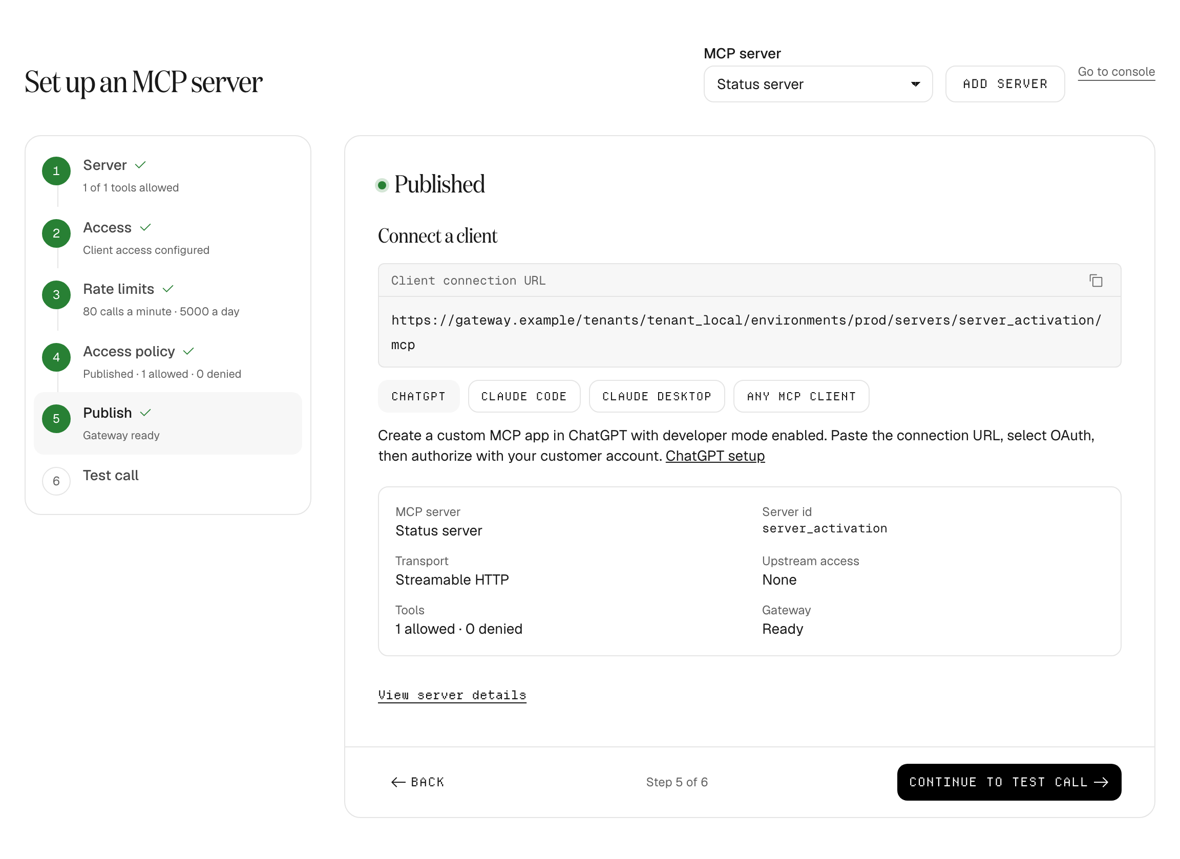The Publish step showing Published, the client connection URL, buttons for ChatGPT, Claude Code, Claude Desktop and any MCP client, and a summary of the server.