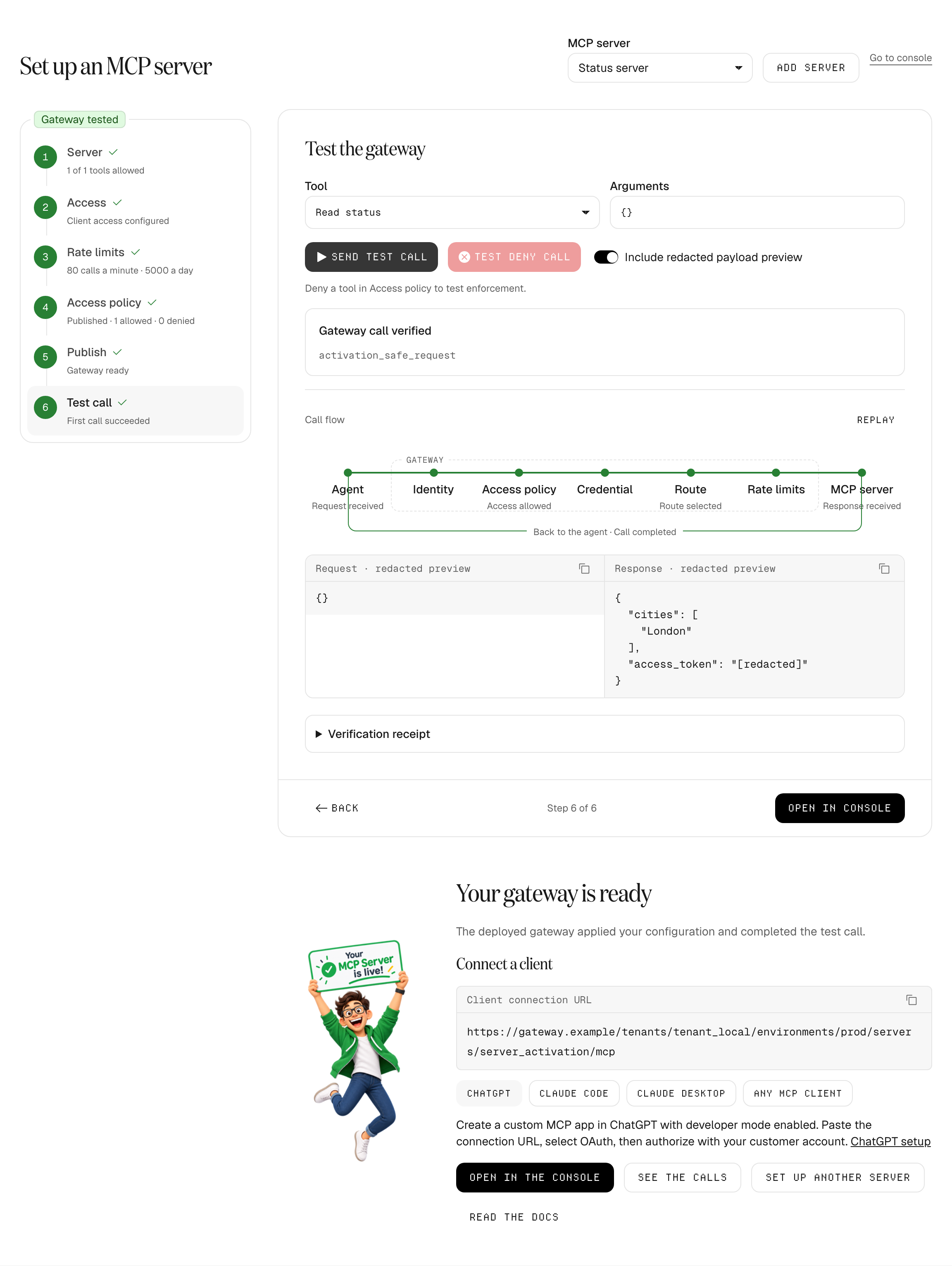 The Test call step showing Gateway call verified, the call flow from agent to MCP server with every stage passed, and redacted request and response previews.